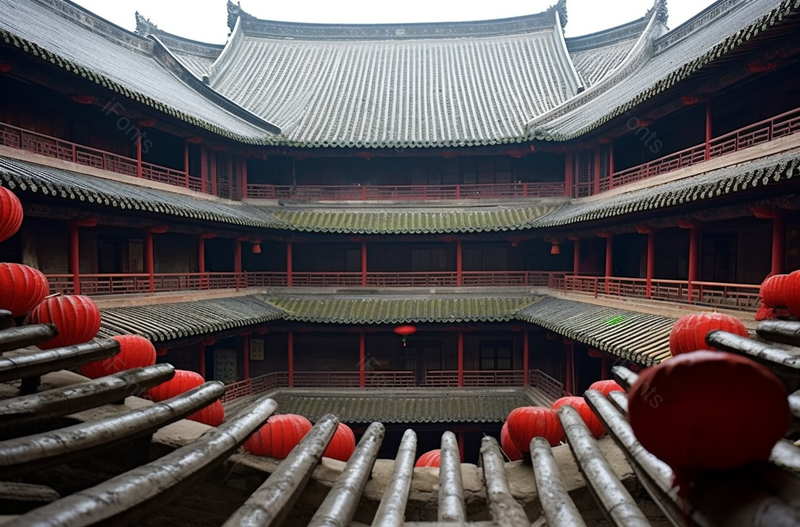 福建土楼古典人造建筑著名景点旅游目的地传统高视角挂着红色灯笼图像摄影,高清,摄影图,摄影图片,图片大全,摄影图免费下载